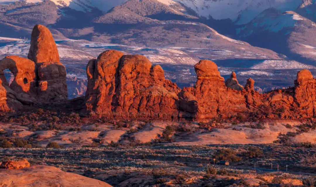 Arches National Park, Utah at sunset - Lasalle Mountains in distance