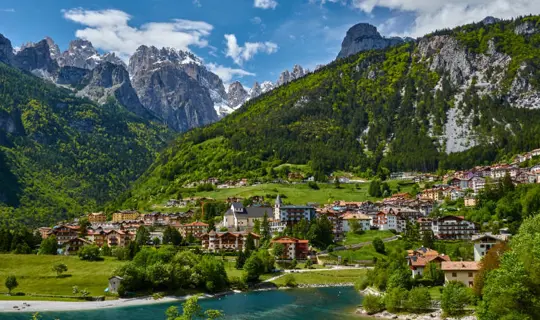 Aerial view over the beautiful Molveno town