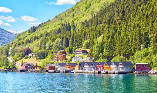 Sognefjord landscape with tradional colorful wooden houses, Norway