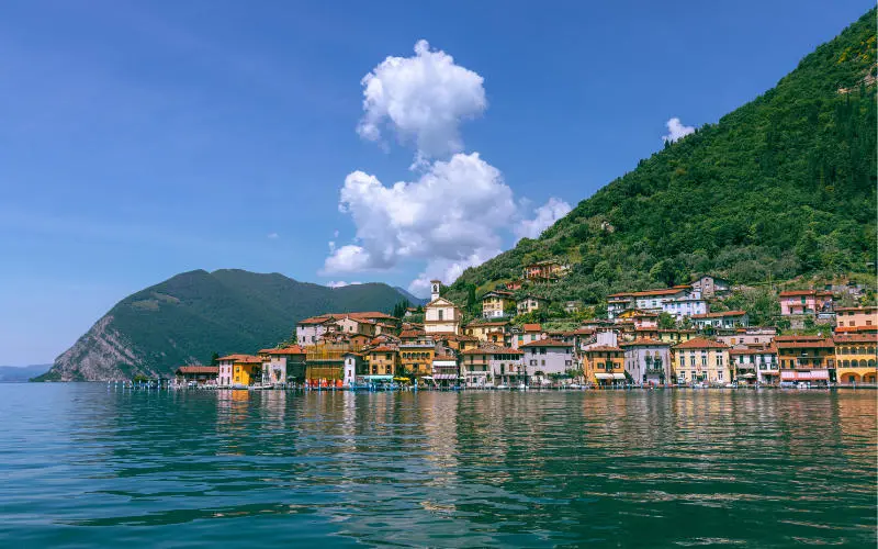 View from the lake of Iseo on the town of Sulzano