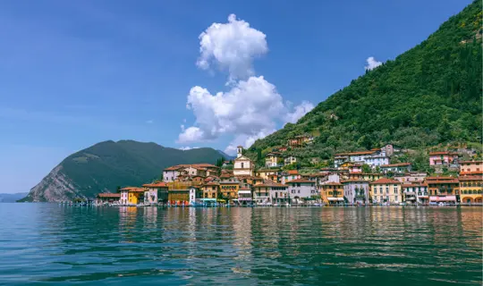 View from the lake of Iseo on the town of Sulzano