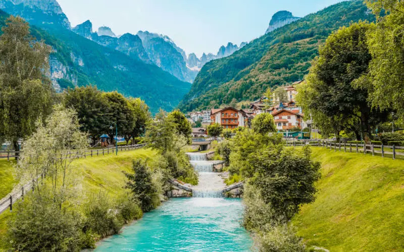 Molveno town and Molveno lake, an alpine lake in Trentino, Italy