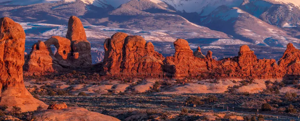 Arches National Park, Utah at sunset - Lasalle Mountains in distance
