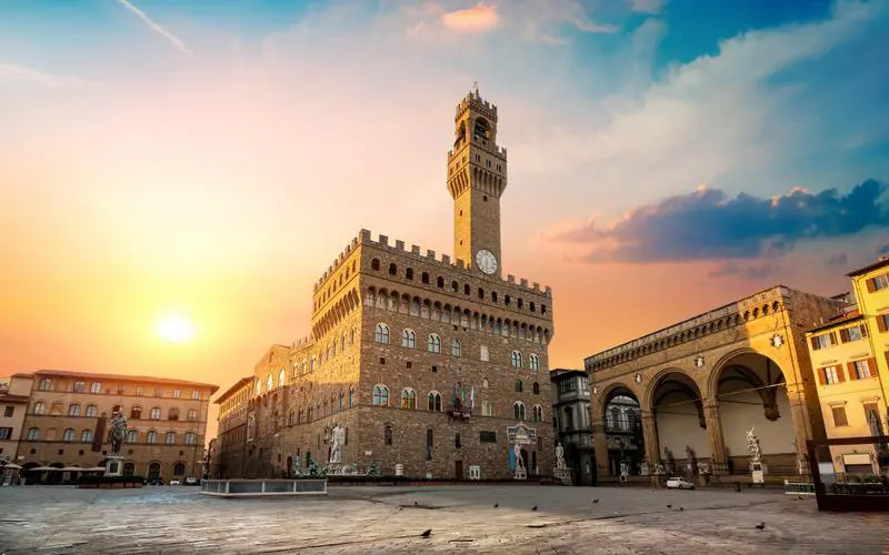 Square of Signoria in Florence at sunrise, Italy