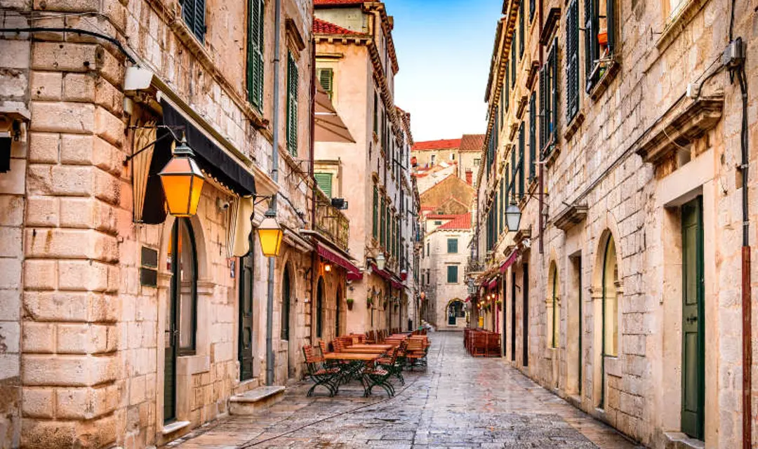 Dubrovnik old city street view (medieval Ragusa) in Stradum area.